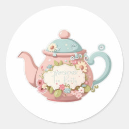 ピンクとブルーの色の急須に花のステッカー ラウンドシール