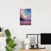 ピンクとブルーの花が一面に広がる夕日 ポスター (ホームオフィス)