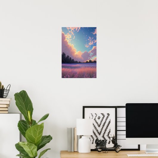 ピンクとブルーの花が一面に広がる夕日 ポスター (ホームオフィス)