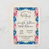 ピンクとブルーの花とエレガファンシーントな結婚式 招待状 (正面/裏面)