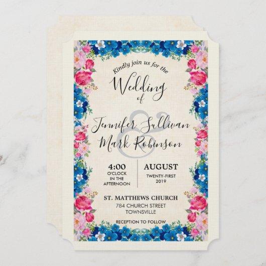 ピンクとブルーの花とエレガファンシーントな結婚式 招待状 (正面/裏面)