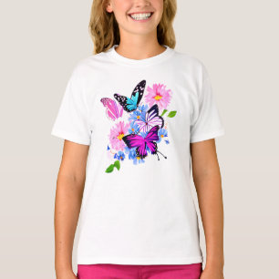 ピンクとブルーの花と蝶 Tシャツ