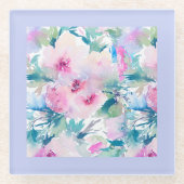 ピンクとブルーの花のコラージュ模様 ガラスコースター (正面)