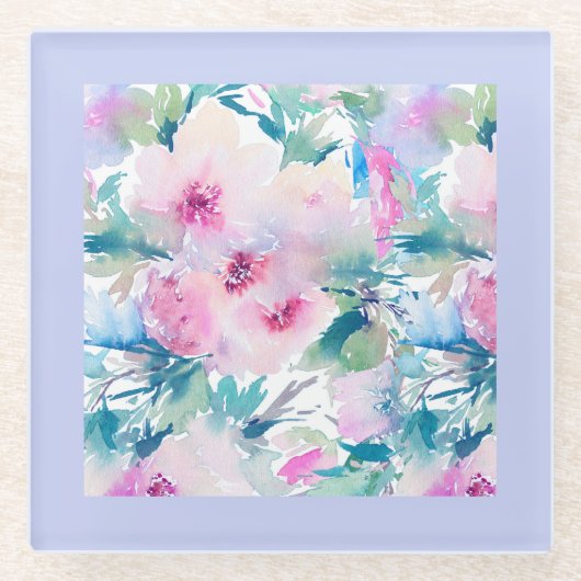 ピンクとブルーの花のコラージュ模様 ガラスコースター (正面)