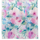 ピンクとブルーの花のコラージュ模様 シャワーカーテン (正面)