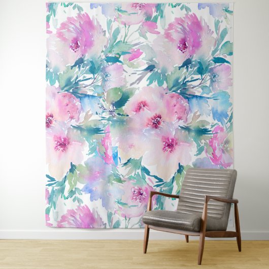 ピンクとブルーの花のコラージュ模様 タペストリー (インサイチュ)