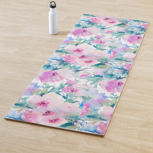 ピンクとブルーの花のコラージュ模様 ヨガマット (インサイチュ)