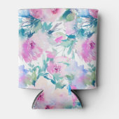 ピンクとブルーの花のコラージュ模様 缶クーラー (正面)