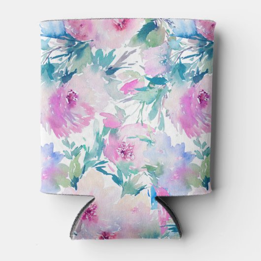 ピンクとブルーの花のコラージュ模様 缶クーラー (正面)