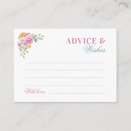 ピンクとブルーの花のブライダルシャワーのアドバイスと願い エンクロージャーカード (正面)