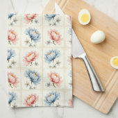 ピンクとブルーの花のモチーフ キッチンタオル (四つ折り)