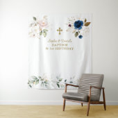 ピンクとブルーの花の双子 1歳の誕生日と洗礼 タペストリー (インサイチュ)