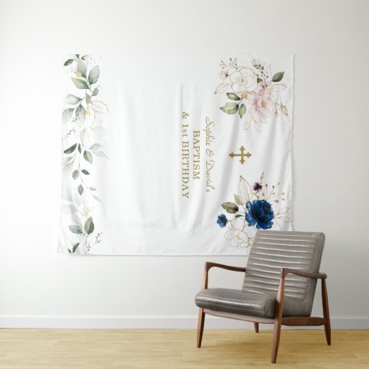 ピンクとブルーの花の双子 1歳の誕生日と洗礼 タペストリー (インサイチュ(横))