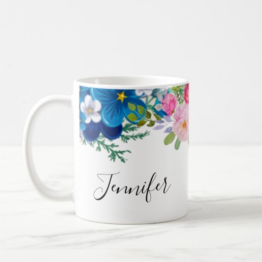 ピンクとブルーの花の夏ファンシー飾り コーヒーマグカップ (左)