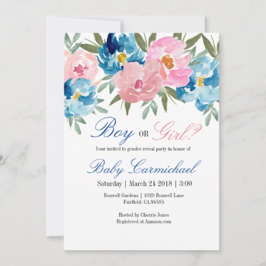ピンクとブルーの花の性別発表パーティー招待状 招待状 (正面)