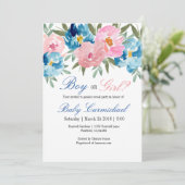 ピンクとブルーの花の性別発表パーティー招待状 招待状 (スタンド正面)