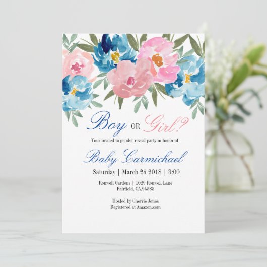 ピンクとブルーの花の性別発表パーティー招待状 招待状 (スタンド正面)