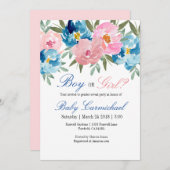 ピンクとブルーの花の性別発表パーティー招待状 招待状 (正面/裏面)