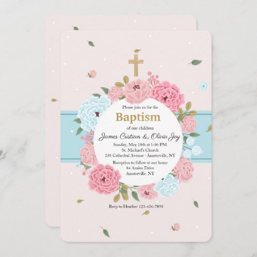 ピンクとブルーの花の招待状 招待状 (正面/裏面)