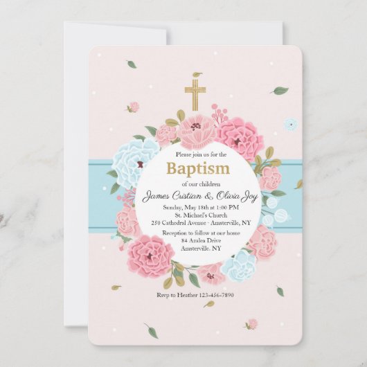 ピンクとブルーの花の招待状 招待状 (正面)