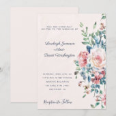 ピンクとブルーの花の枠の結婚式招待状 招待状 (正面/裏面)