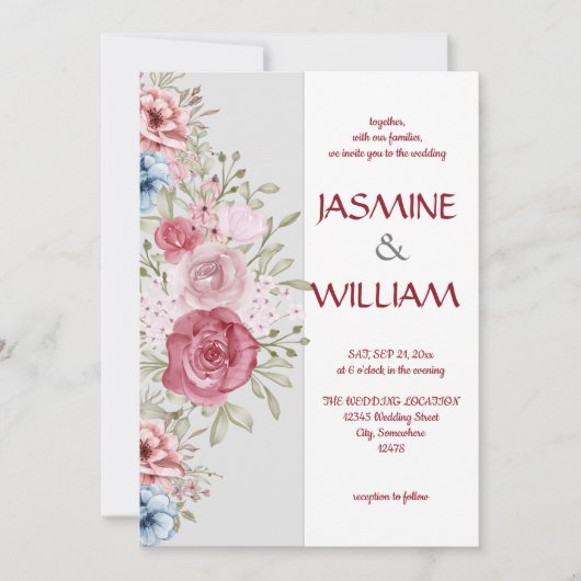 ピンクとブルーの花の花束 招待状 (正面)