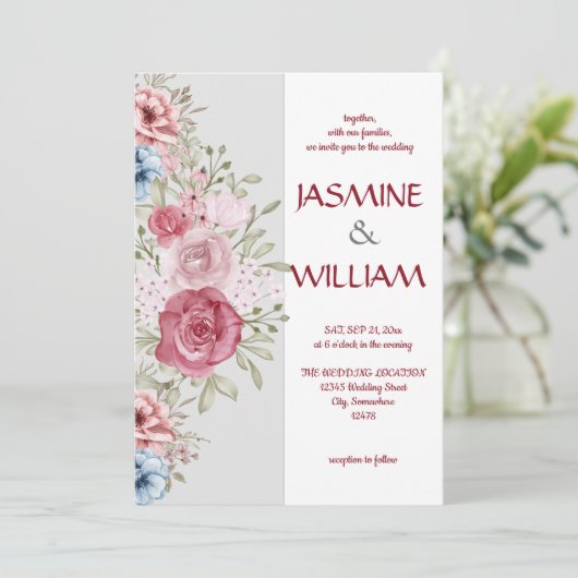 ピンクとブルーの花の花束 招待状 (スタンド正面)