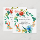 ピンクとブルーの花の輪のキリスト教聖書結婚式 招待状 (正面/裏面)