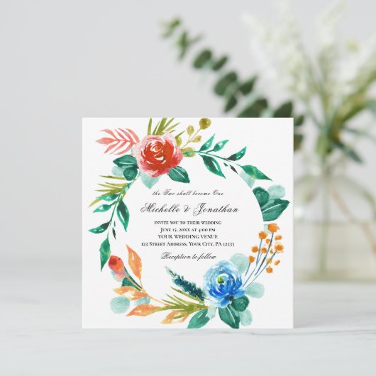 ピンクとブルーの花の輪のキリスト教聖書結婚式 招待状 (スタンド正面)