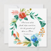 ピンクとブルーの花の輪のキリスト教聖書結婚式 招待状 (裏面)
