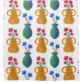 ピンクとブルーの花をポット シャワーカーテン