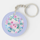 ピンクとブルーの花コラージパターンキーチェーン キーホルダー (裏面)