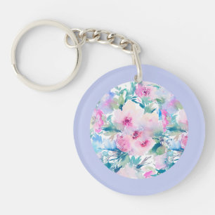 ピンクとブルーの花コラージパターンキーチェーン キーホルダー