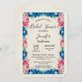 ピンクとブルーの花ファンシーエレガントブライダルシャワー 招待状 (正面/裏面)