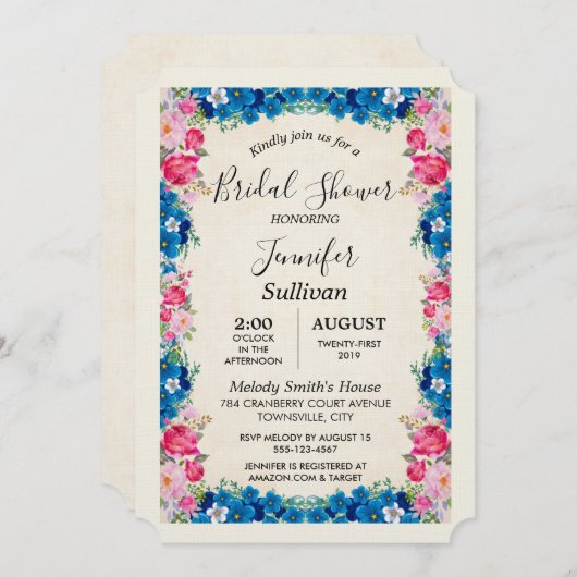 ピンクとブルーの花ファンシーエレガントブライダルシャワー 招待状 (正面/裏面)