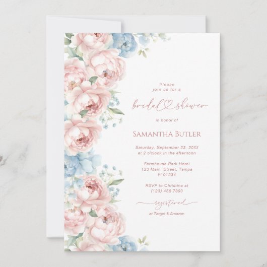 ピンクとブルーの花ブライダルシャワーへの招待 招待状 (正面)