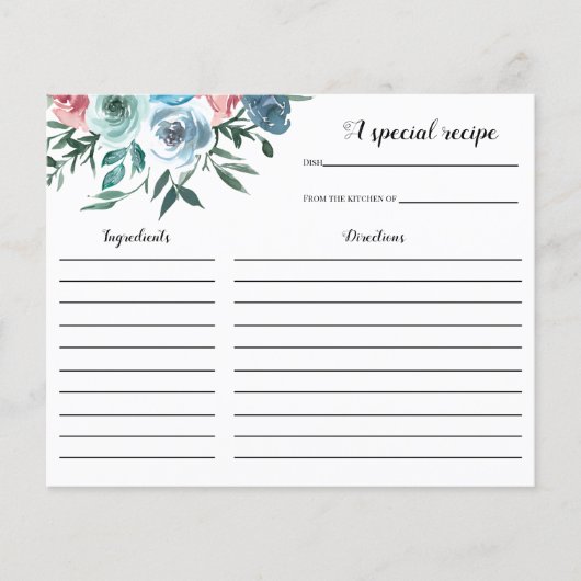 ピンクとブルーの花ブライダルシャワーレシピカード (正面)