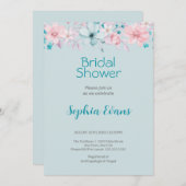 ピンクとブルーの花ブルーブライダルシャワー 招待状 (正面/裏面)