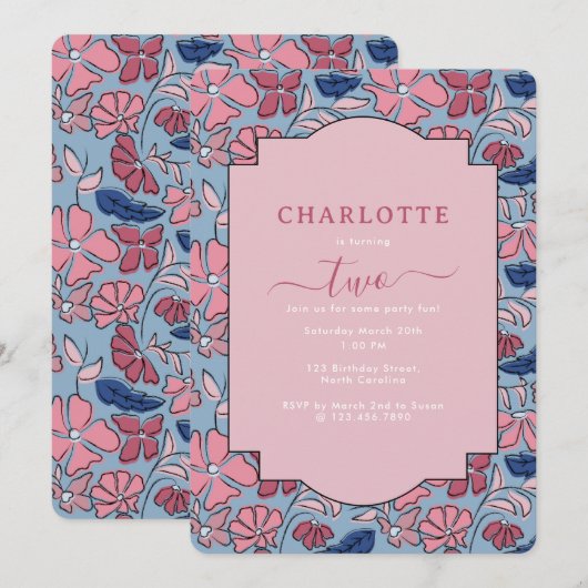 ピンクとブルーの花ブロックプリントの女の子の誕生日 招待状 (正面/裏面)
