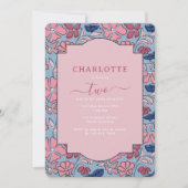 ピンクとブルーの花ブロックプリントの女の子の誕生日 招待状 (正面)