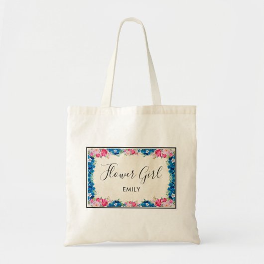 ピンクとブルーの花枠ファンシー結婚式 トートバッグ (正面)