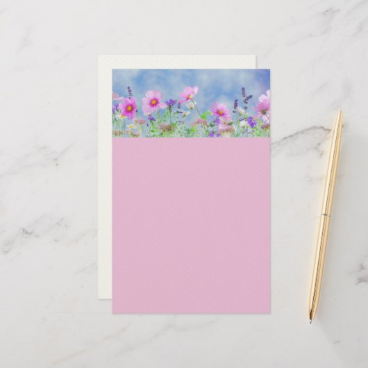 ピンクとブルーの花柄の縁取りの文房具 便箋 (正面/裏面インサイチュ)