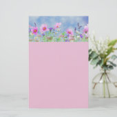 ピンクとブルーの花柄の縁取りの文房具 便箋 (スタンド正面)