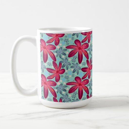 ピンクとブルーの花柄シームレスパターン コーヒーマグカップ (左)