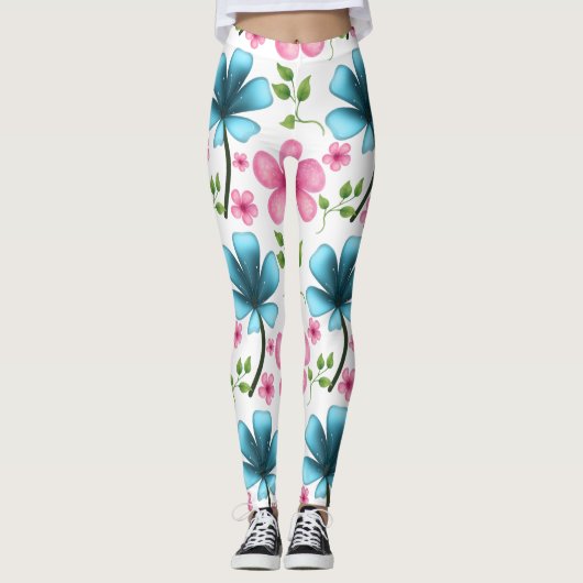 ピンクとブルーの花柄シームレスパターン レギンス (正面)
