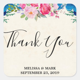 ピンクとブルーの花縁どが結婚ありがとう スクエアシール