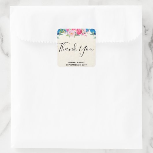 ピンクとブルーの花縁どが結婚ありがとう スクエアシール (バッグ)