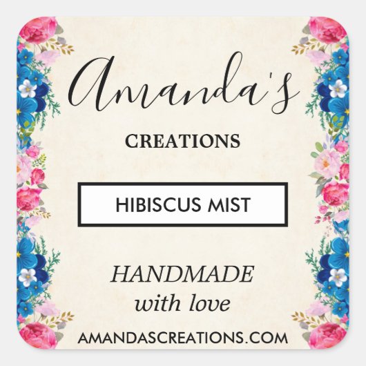 ピンクとブルーの花額事業ファンシー スクエアシール (正面)