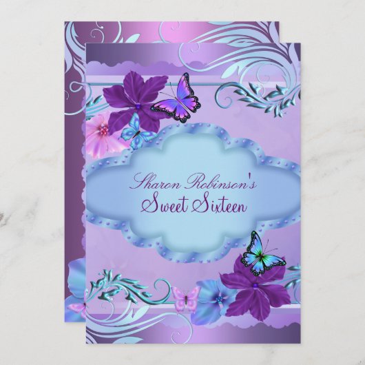 ピンクとブルーの蝶の庭のスイート16招待状 招待状 (正面/裏面)