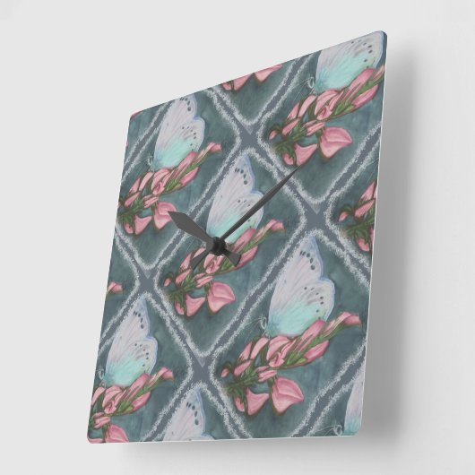 ピンクとブルーの蝶 スクエア壁時計 (傾斜)